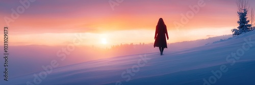 beautiful woman wandering alone in the snow photo