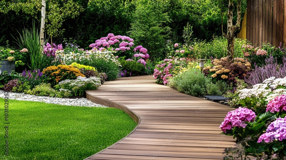 Fototapeta premium Beautiful Garden Pathway Surrounded by Vibrant Flowers