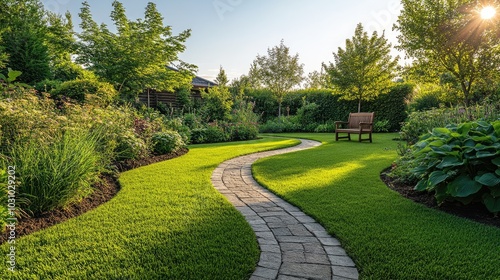 Serene Garden Pathway in Vibrant Green Landscape