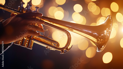 Jazz Trumpet with Atmospheric Lighting A stunning close-up of a musician playing a beautifully polished golden trumpet, bathed in the glow of stage lights. The warm reflections on