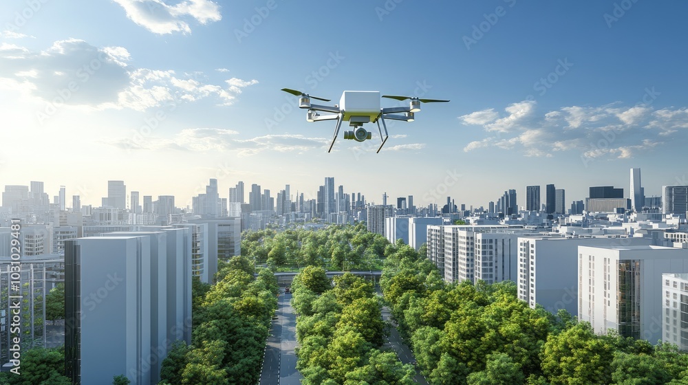 Drone Flying Over Urban Cityscape with Greenery Drone Flying Over Urban Cityscape with Greenery