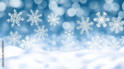 Snowflakes on a Soft Blue Background with Bokeh Lights