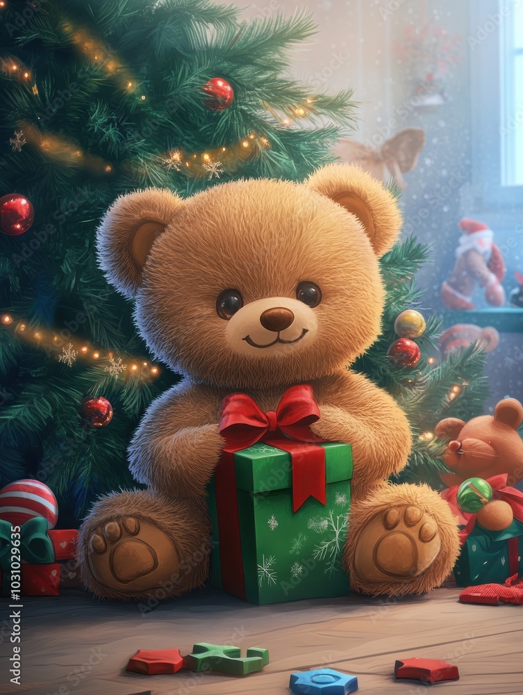 Teddy Bear with Green Christmas Gift and Red Bow Sitting by a Decorated Tree with Festive Ornaments in a Cozy Holiday Setting, Ai Generation Teddy Bear with Green Christmas Gift and Red Bow Sitting by a Decorated Tree with Festive Ornaments in a Cozy Holiday Setting, Ai Generation