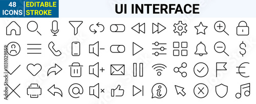 Interface ui, ux web icons in line style. User, profile, message, mobile app, document file, social media, button, home, chat, arrow, collection. Vector illustration.