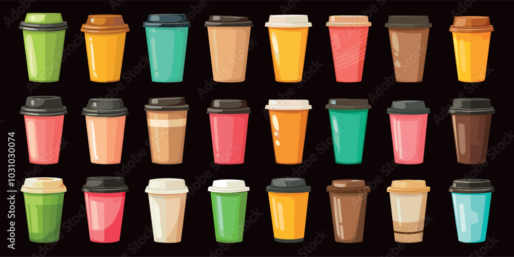 Coffee cups. Paper or plastic drink container with lid, mug hot beverage, vector illustrations set Coffee cups. Paper or plastic drink container with lid, mug hot beverage, vector illustrations set