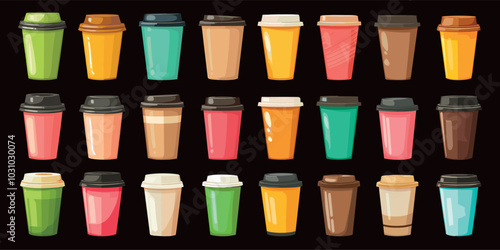 Coffee cups. Paper or plastic drink container with lid, mug hot beverage, vector illustrations set