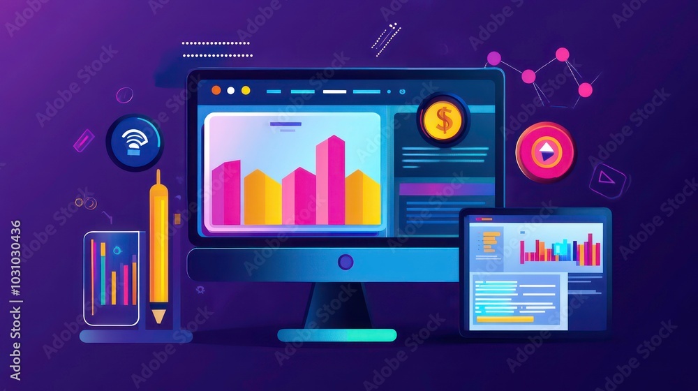 Computer and tablet displaying graphs and charts with dollar sign, play button, and pencil. Computer and tablet displaying graphs and charts with dollar sign, play button, and pencil.