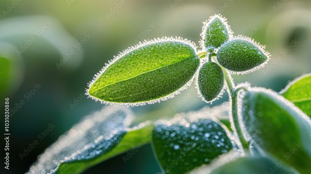Fresh Green Leaves with Morning Dew Drops Fresh Green Leaves with Morning Dew Drops