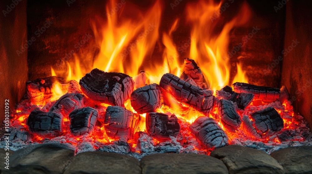 Fototapeta premium Warm Hearth with Flickering Flames and Burning Coals