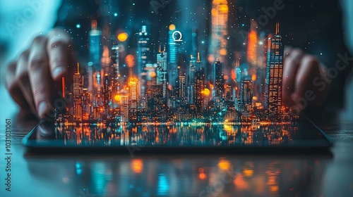 A digital tablet displaying a miniature city skyline with glowing elements, featuring smart city technology and interactive digital interfaces of the future. photo