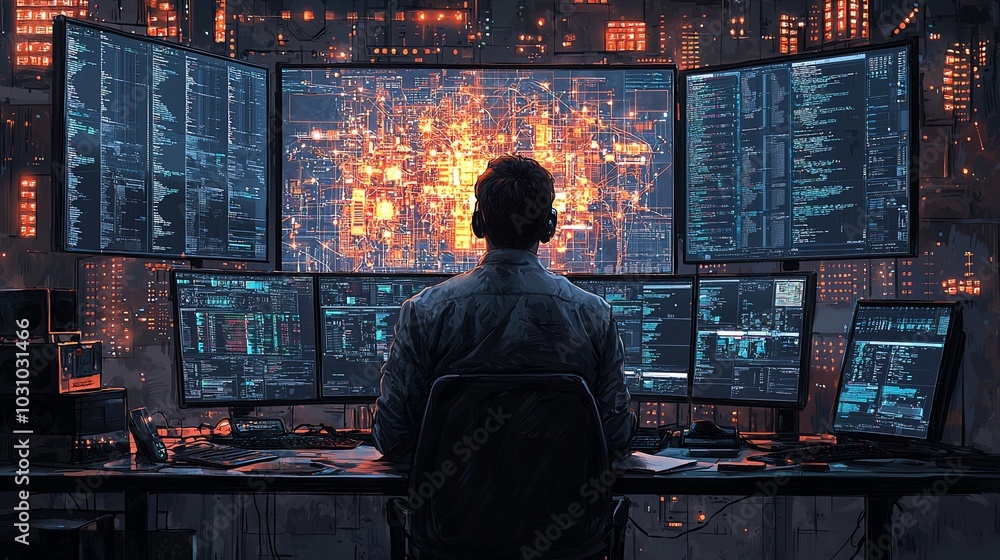 A person is seated at a desk analyzing complex data displayed on multiple computer screens in a high-tech, futuristic environment filled with digital elements. A person is seated at a desk analyzing complex data displayed on multiple computer screens in a high-tech, futuristic environment filled with digital elements.