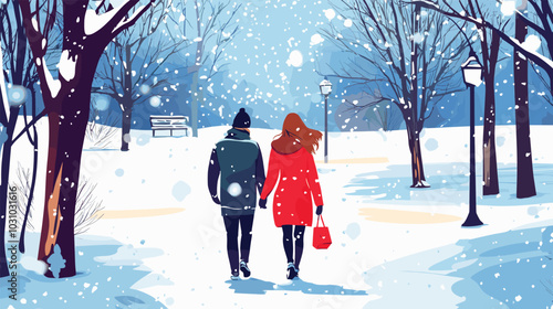 Couple walk in winter park. Man and woman walking snowy cold weather together, boyfriend girlfriend romantic family people in warm clothes on date snowfall vector illustration