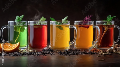Different kinds of herbal teas in glass mugs each with a unique color and garnish, standing in a raw with dried herbal leaves around, isolated solid background