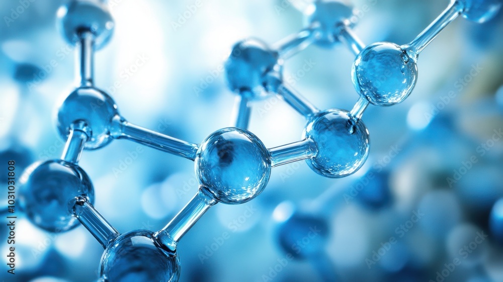 Artistic representation of blue 3D water molecules in close-up, illustrating their scientific properties and arrangement. Ideal for use in research, education, or visual media related to chemistry. Artistic representation of blue 3D water molecules in close-up, illustrating their scientific properties and arrangement. Ideal for use in research, education, or visual media related to chemistry.