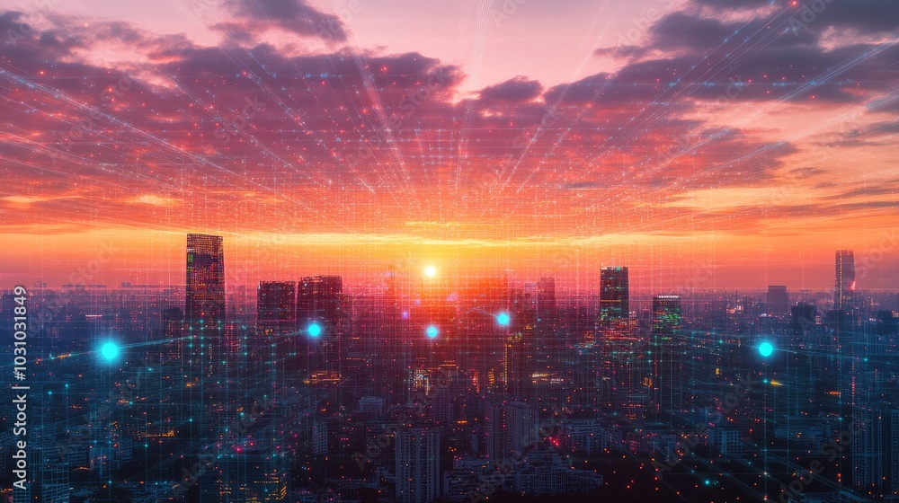 Fototapeta premium Vibrant Sunset Over Urban Cityscape with Digital Effect