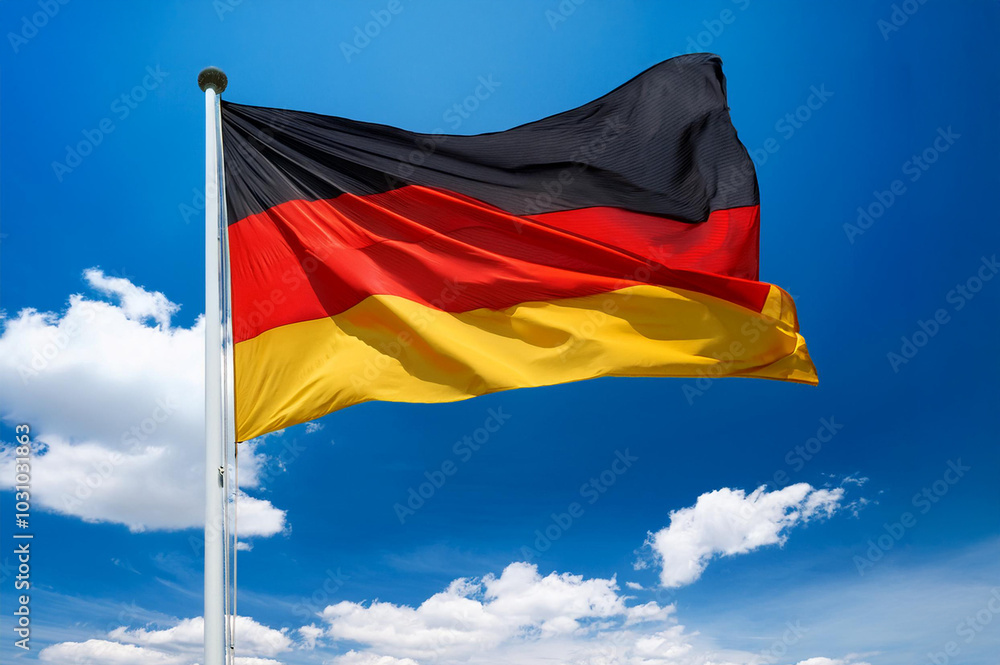 Fahne Deutschlands vor blauem Himmel und weissen Wolken