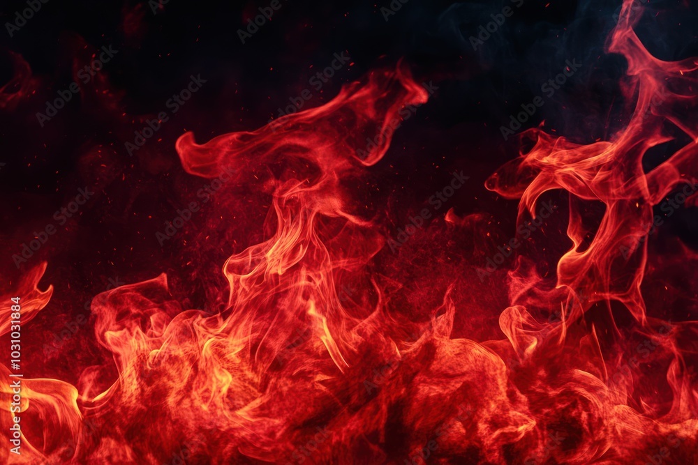 Fiery red flames dancing across a dark background, creating a dramatic effect Fiery red flames dancing across a dark background, creating a dramatic effect