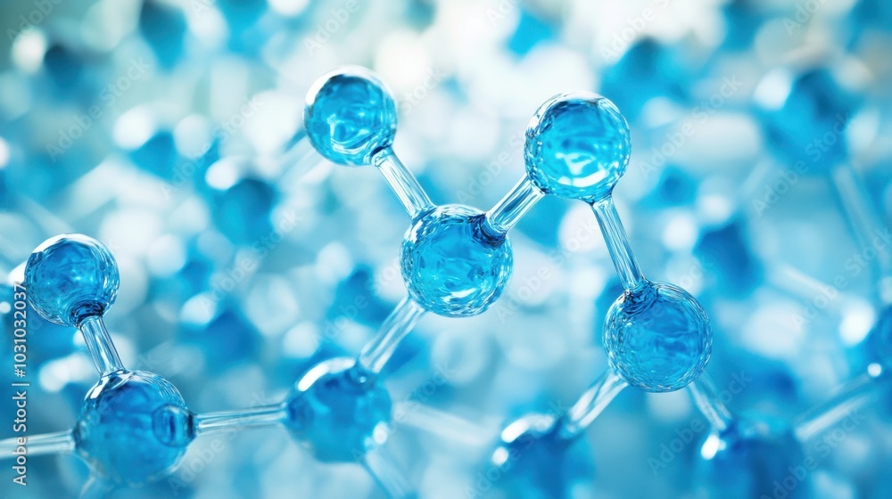 Artistic representation of blue 3D water molecules in close-up, illustrating their scientific properties and arrangement. Ideal for use in research, education, or visual media related to chemistry. Artistic representation of blue 3D water molecules in close-up, illustrating their scientific properties and arrangement. Ideal for use in research, education, or visual media related to chemistry.