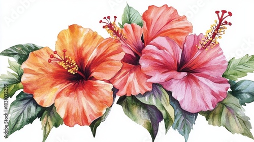 Watercolor bouquet of tropical flowers featuring vibrant hibiscus blooms and lush leaves,  an exotic floral arrangement. Perfect for a tropical card design or paradise-themed decor.