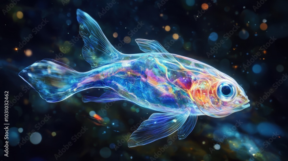 Fototapeta premium A stunning representation of a deep-sea fish, depicting its mysterious and ethereal qualities. The transparent body and vibrant colors create a holographic effect