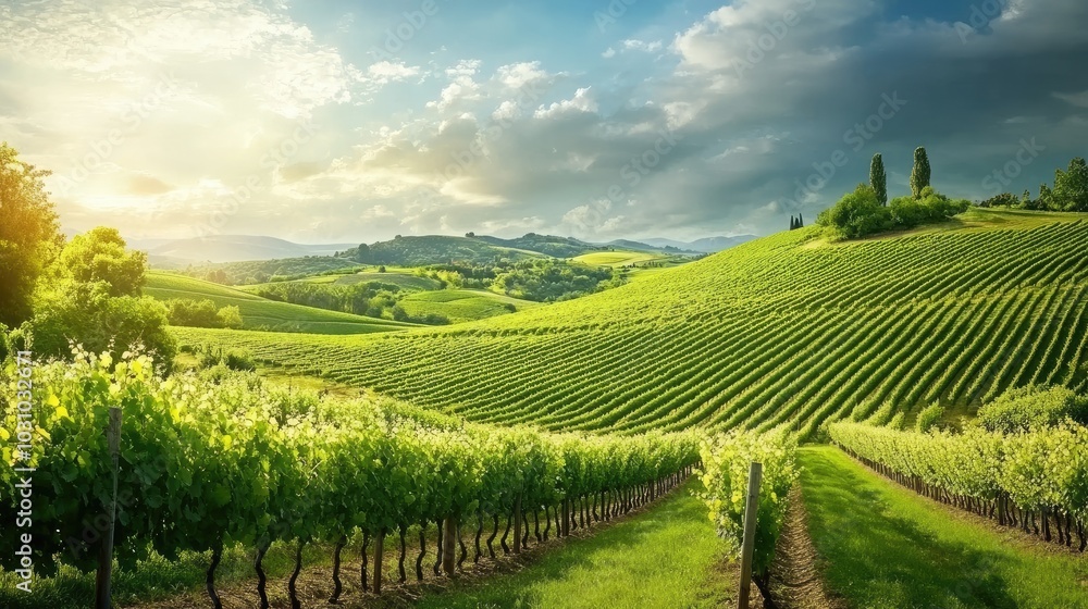 Lush Green Vineyards Under Bright Sky Lush Green Vineyards Under Bright Sky