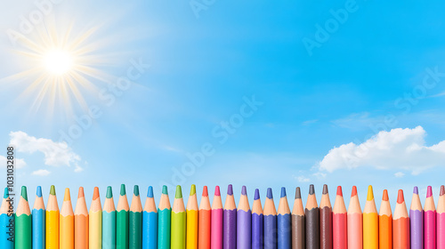 A Colorful Artistic Background Featuring a Row of Crayons, a Radiant Sun, Clouds, and a Stunning Blue Sky