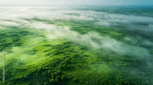 Aerial View of Rolling Green Hills with Misty Clouds