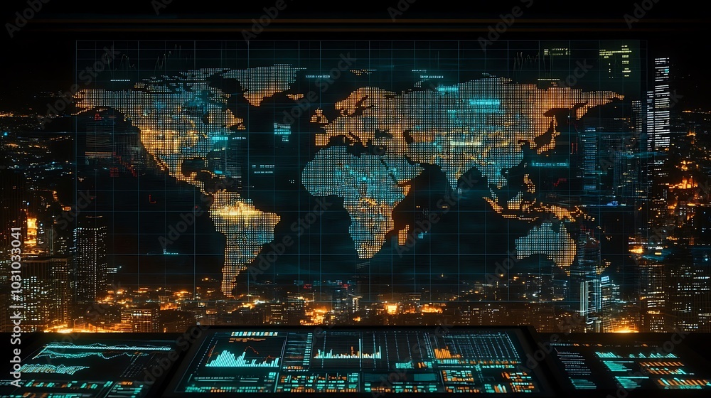 An overhead view of a world map with stock market charts and graphs superimposed, representing the dynamic movement of international markets. An overhead view of a world map with stock market charts and graphs superimposed, representing the dynamic movement of international markets.