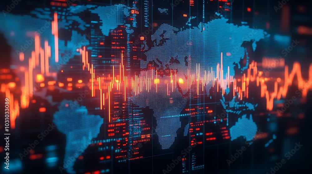 Fototapeta premium An overhead view of a world map with stock market charts and graphs superimposed, representing the dynamic movement of international markets.