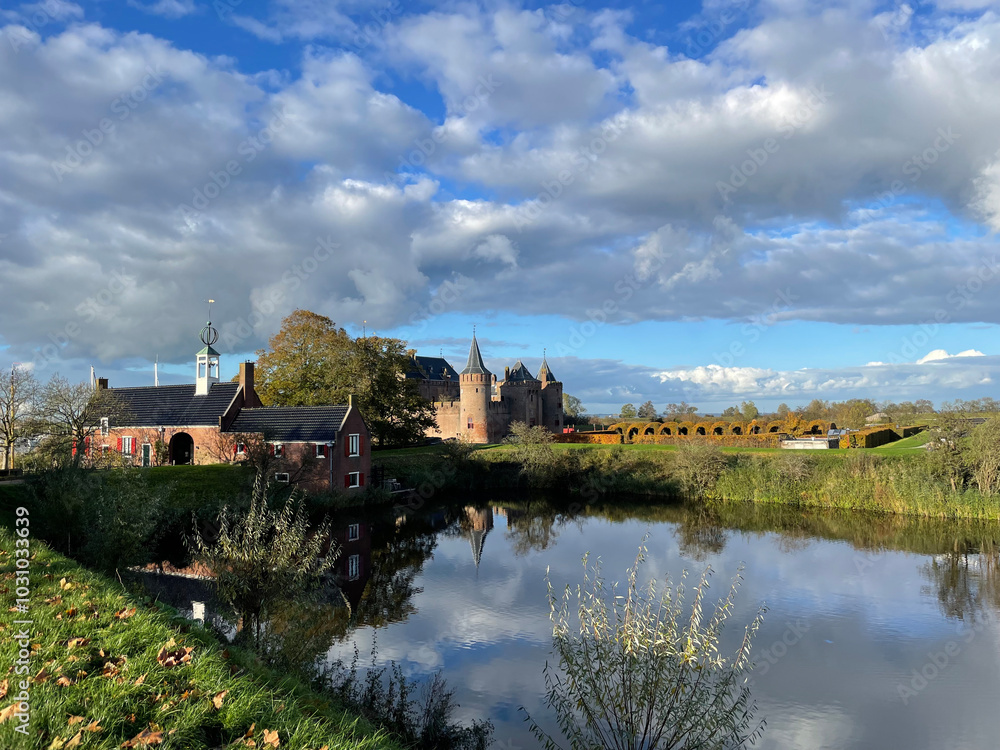 Wide view of Muiderslot Castle in the Netherlands water reflecting dark clouds in the foreground during autumn. Dark and moody castle under cloudy sky Wide view of Muiderslot Castle in the Netherlands water reflecting dark clouds in the foreground during autumn. Dark and moody castle under cloudy sky