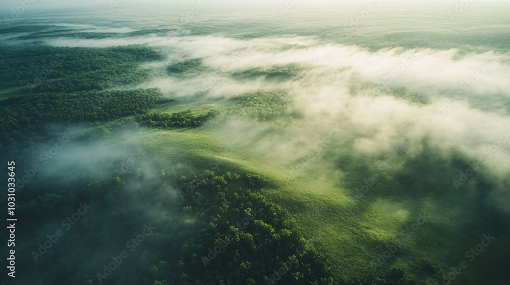 Aerial View of Foggy Green Hills and Forest