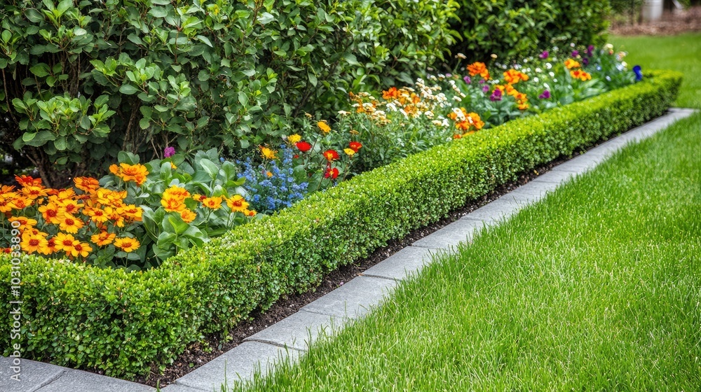 Obraz premium Vibrant Garden Edging with Colorful Flowers and Greenery