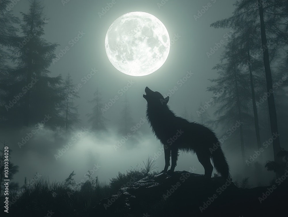 Photorealistic Image of a Howling Wolf on a Hill in a Dark Forest with a Full Moon and Foggy Night Sky
Photorealistic Image of a Howling Wolf on a Hill in a Dark Forest with a Full Moon and Foggy Night Sky