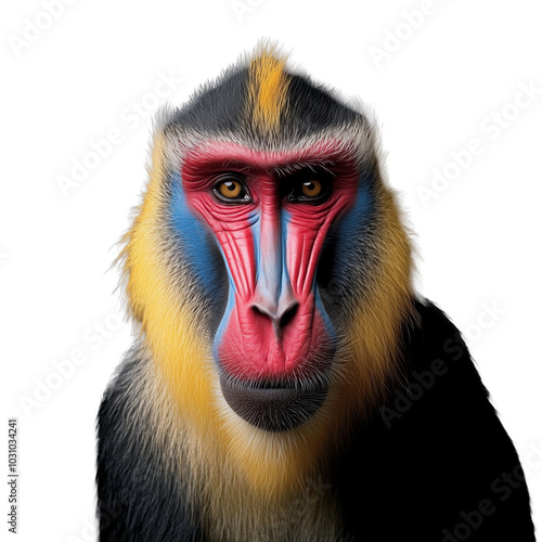 Close up of a mandrill from the side, highlighting its colorful facial markings, on a transparent background