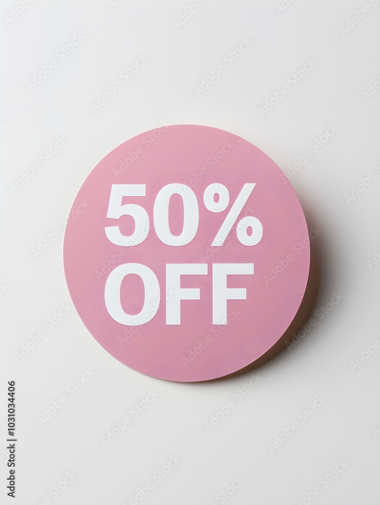 White '50% OFF' Text on a Blush Round Paper Note. White Background White '50% OFF' Text on a Blush Round Paper Note. White Background