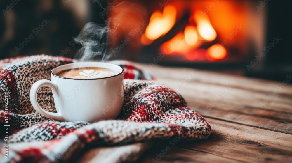 A cozy scene featuring a cup of hot coffee placed on a wooden table, draped with a warm plaid blanket. A cozy scene featuring a cup of hot coffee placed on a wooden table, draped with a warm plaid blanket.