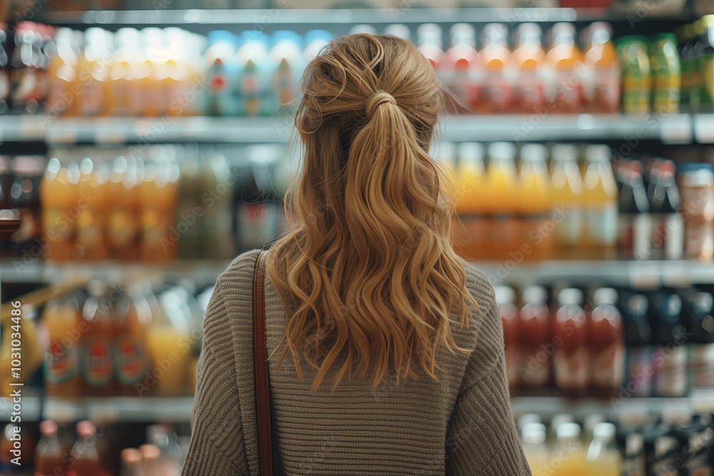 Woman shopping in a grocery store aisle filled with colorful beverage bottles during the day Woman shopping in a grocery store aisle filled with colorful beverage bottles during the day
