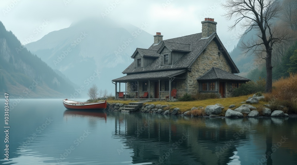 Fototapeta premium A peaceful cabin by the serene lake surrounded by mountains during a cloudy day