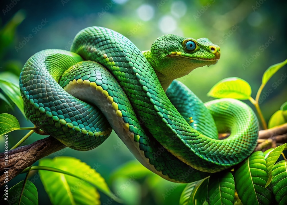 Obraz premium Wild Green Snake Among Lush Leaves - Double Exposure Photography