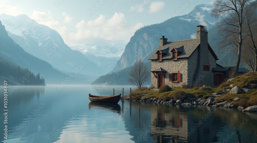 Fototapeta premium A peaceful cabin by the serene lake surrounded by mountains during a cloudy day
