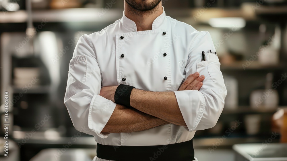 A chef in a white uniform with his arms crossed. A chef in a white uniform with his arms crossed.