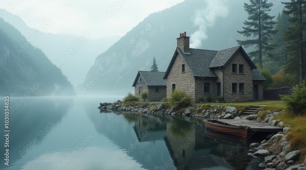 Fototapeta premium A peaceful cabin by the serene lake surrounded by mountains during a cloudy day