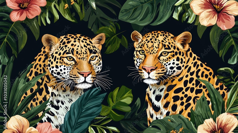 Naklejka premium Jaguar and leopard pattern with tropical floral background, seamless design