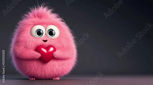 A fluffy pink monster holding a heart in a darkened room, radiating warmth and joy in a whimsical setting