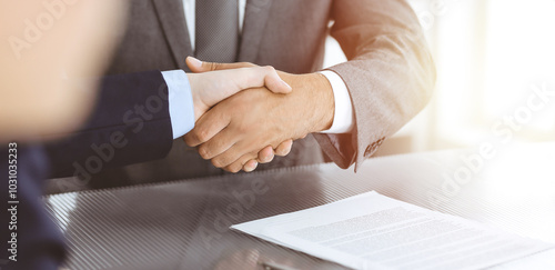 Unknown business people are shaking hands after contract signing in modern office, close-up. Handshake as successful negotiation ending