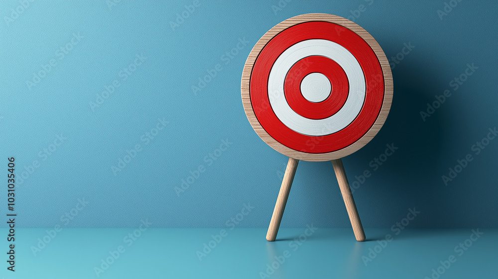 Red and white target on a wooden stand against a blue background with copy space for text Red and white target on a wooden stand against a blue background with copy space for text