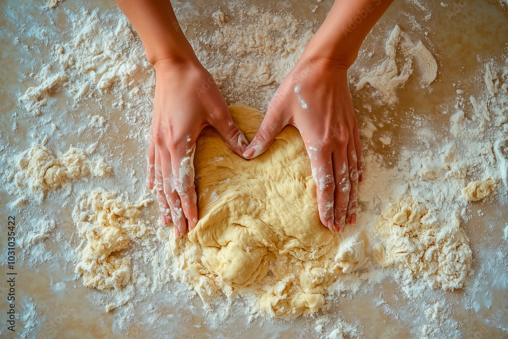 Hands kneading dough on a floured surface, top view of the baking process in a home kitchen setting Hands kneading dough on a floured surface, top view of the baking process in a home kitchen setting
