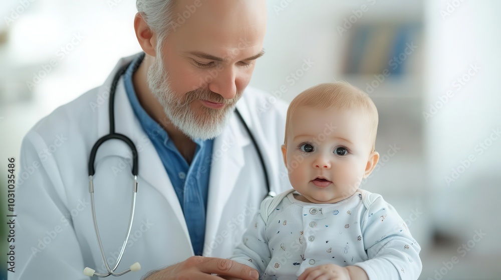 A doctor gently examining a baby in a calm clinic, soft lighting, focus on the tenderness and care in the doctor's actions, detailed skin textures and soft expressions A doctor gently examining a baby in a calm clinic, soft lighting, focus on the tenderness and care in the doctor's actions, detailed skin textures and soft expressions