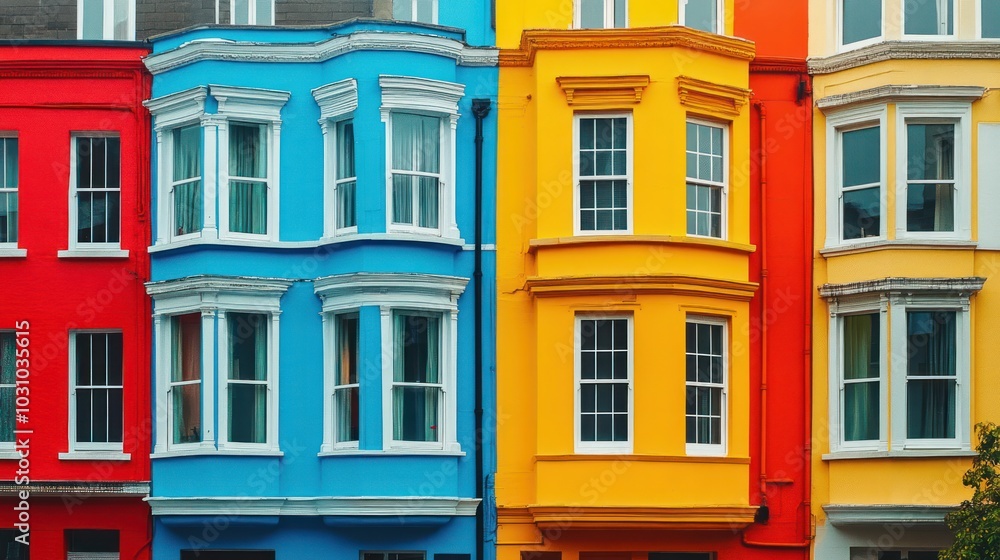 A row of colorful townhouses with red, blue, yellow and orange paint. A row of colorful townhouses with red, blue, yellow and orange paint.