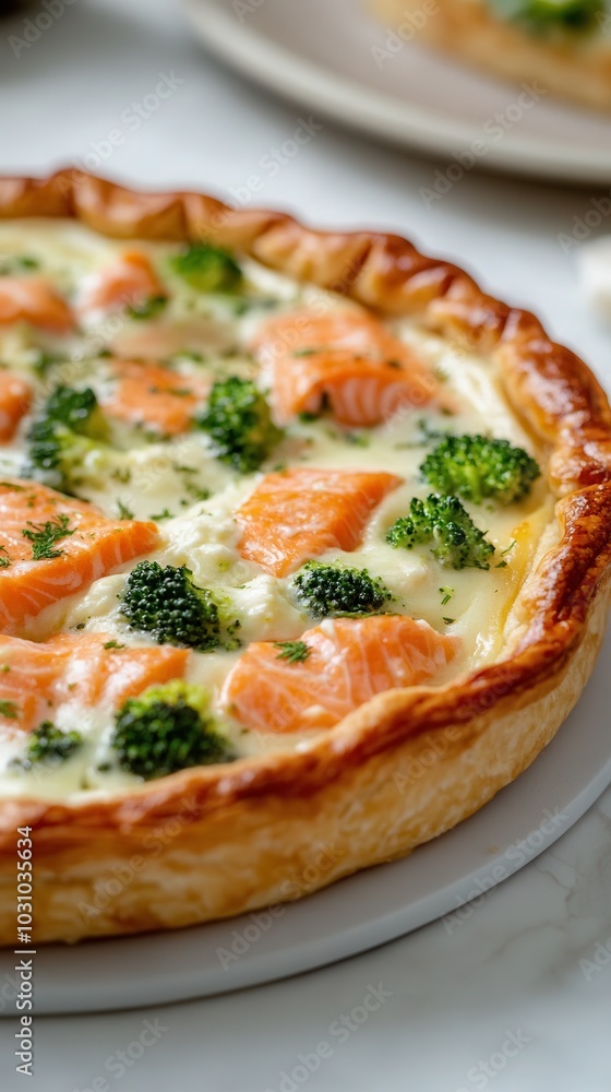 Delicious salmon and broccoli quiche served on a wooden board with a casual dining setup Delicious salmon and broccoli quiche served on a wooden board with a casual dining setup
